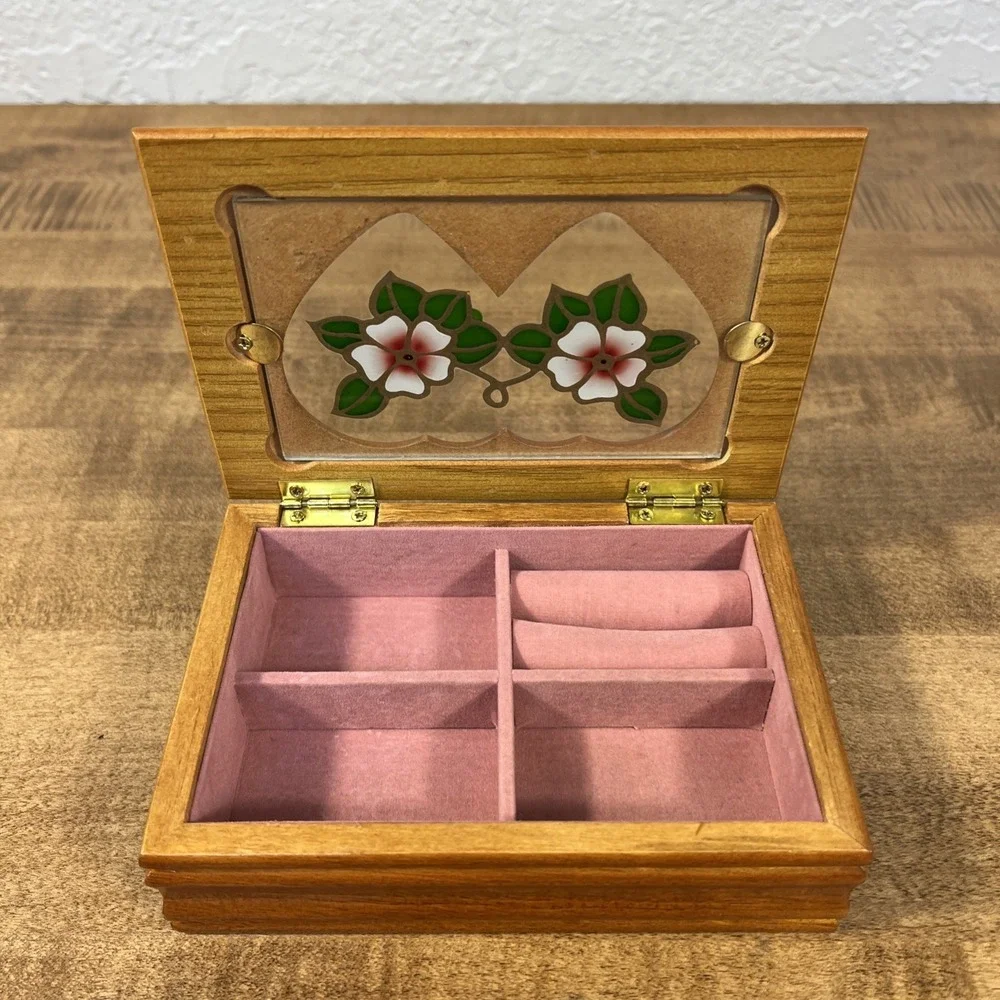 Vintage Wood Wooden Trinket Jewelry Box W/ Flower Blossom Design